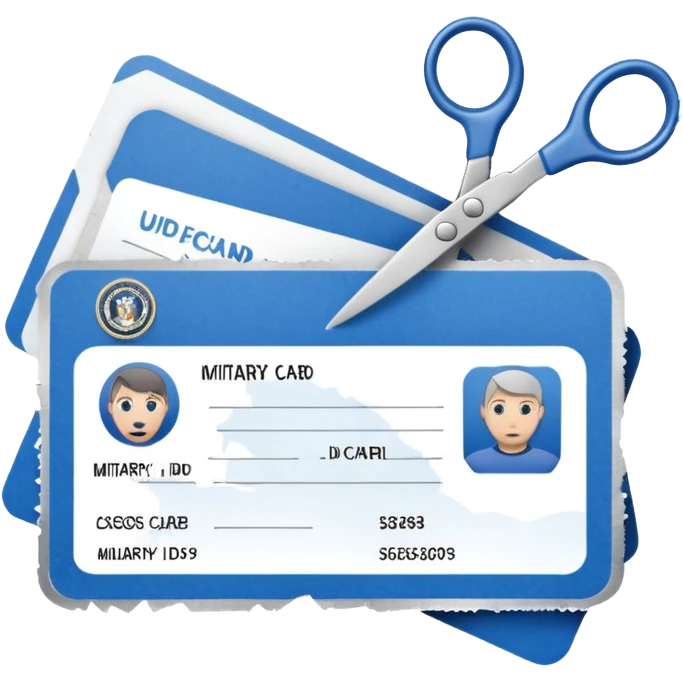 Scissors cutting military ID card in the middle front view emoji