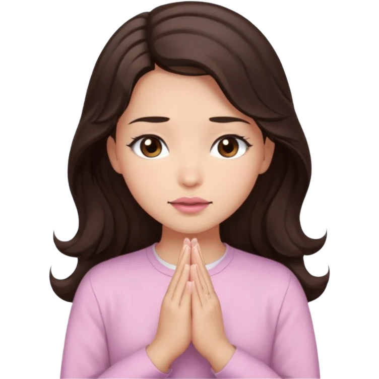 girl with wavy long glamorous dark brown hair, brown eyes, light to medium complexion, long lashes, light pink lipstick, praying, wearing light pink shirt emoji