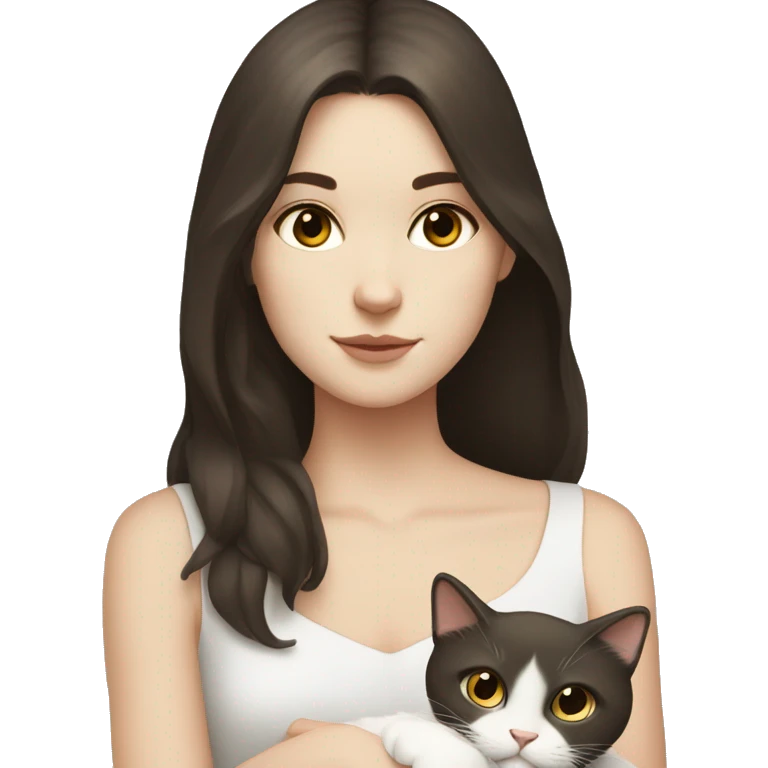 A pale girl with dark brown hair and dark brown eyes holds a white cat and look at the cat emoji