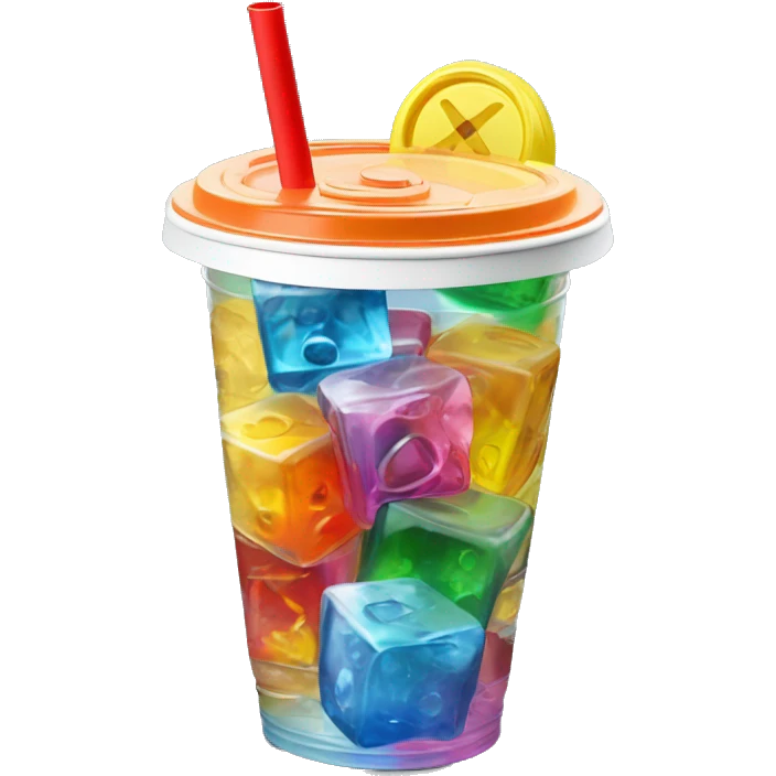 Realistic plastic cup and lid with colored soda and large ice cubes inside and colorful straw poked through the top of the lid. emoji