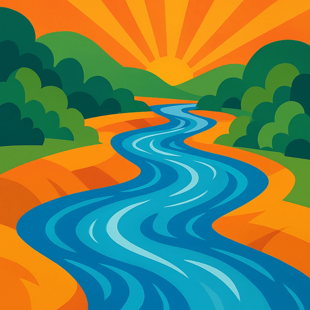 Show the flowing water as a vibrant, dynamic river, with visible current and riverbanks, in a vibrant toon style. emoji