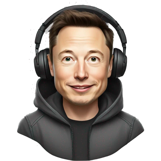 realistic happy Elon musk with hoodie wearing headsets emoji
