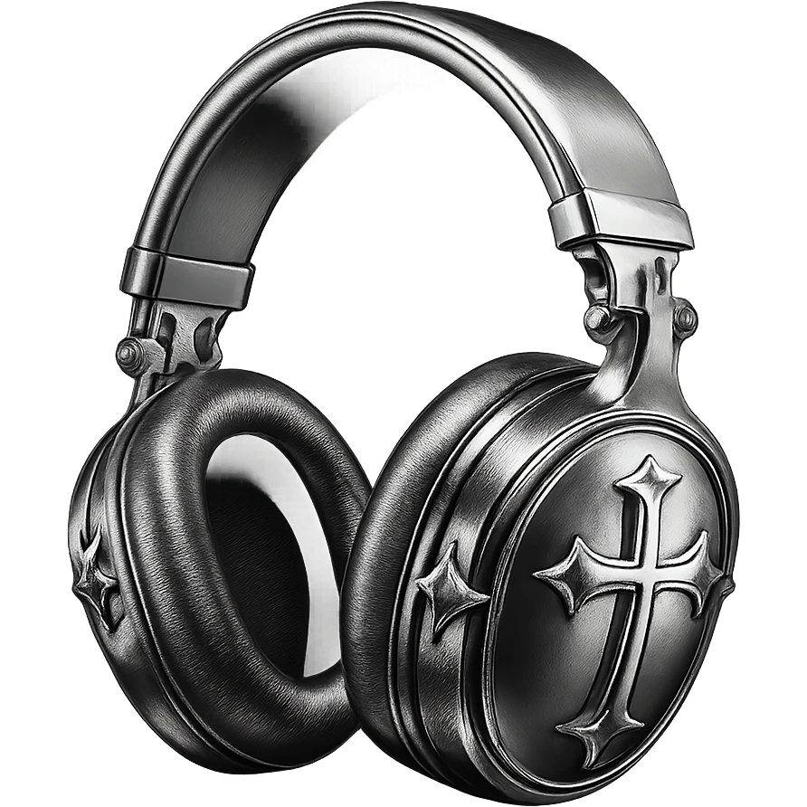 black gothic headphones with metallic gothic motifs and reflective surfaces in chrome style emoji