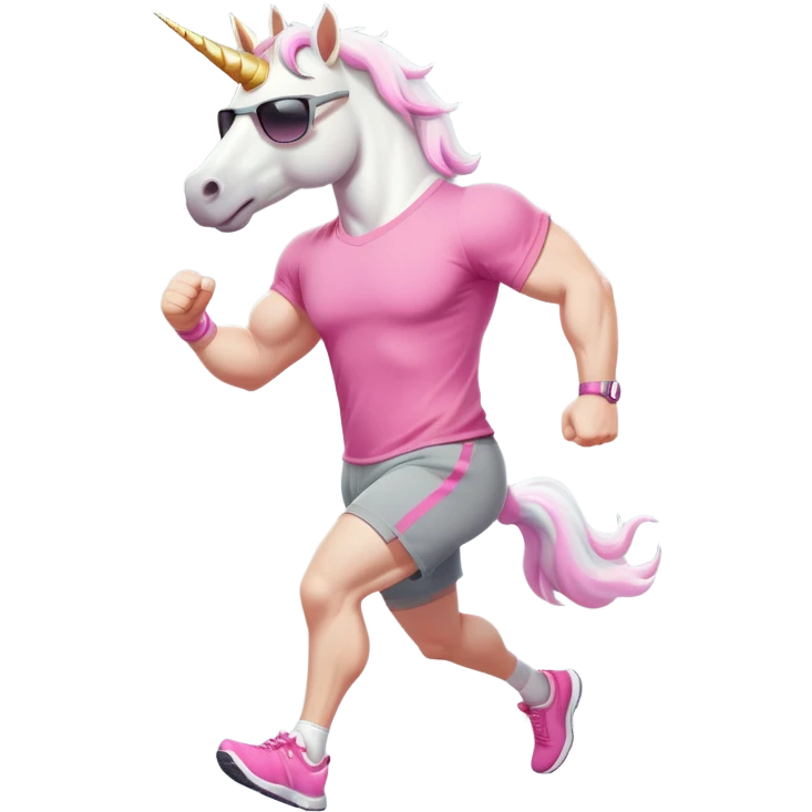 friendly anthropomorphised male white unicorn with a fit, chunky, muscular and strong physique, arms and legs matching the white of the head, in grey shorts and pink t-shirt, wearing dark sunglasses, jogging upright in a standard pose emoji