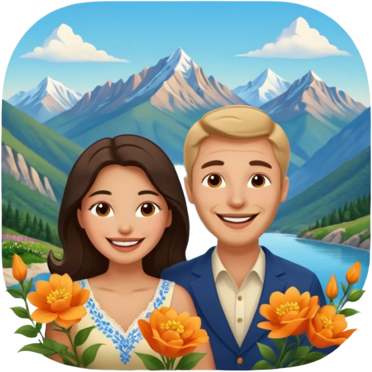 Couple  laughing traveling russian man and elegant  Latina girl delicate flowers and mountains in the background  emoji