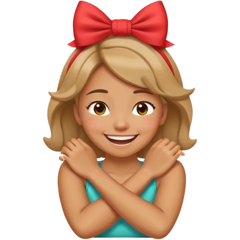 girl holding neck with arms crossed laughing with bow on her head emoji