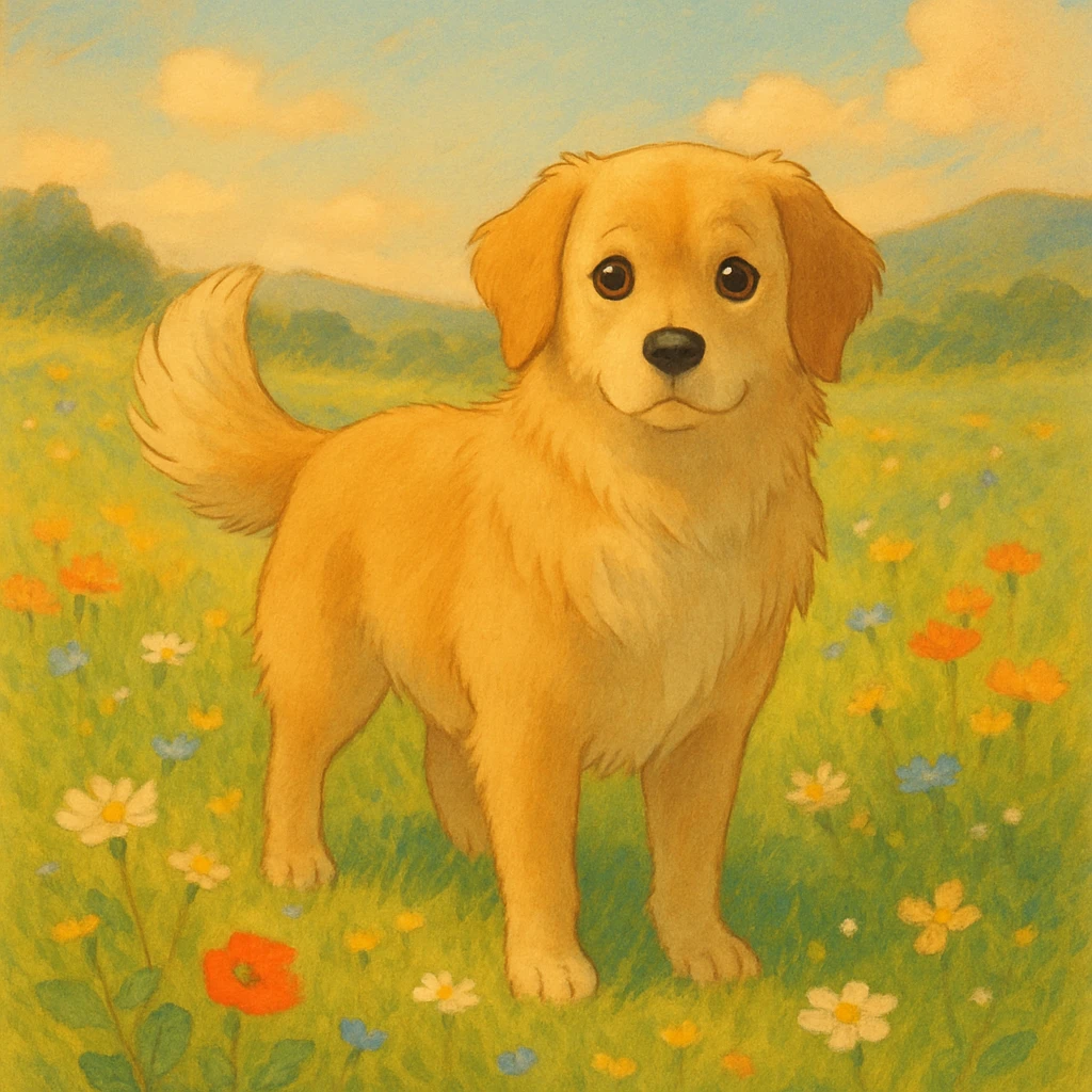 A gentle, loyal dog with expressive eyes and soft fur, standing in a meadow with wildflowers, painted in a whimsical and soft style with warm lighting emoji