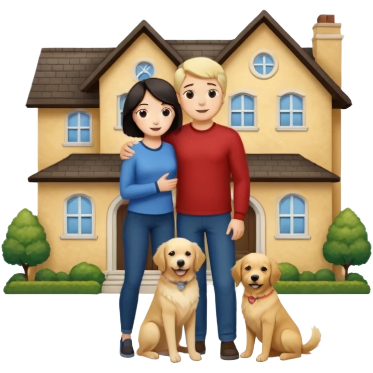 Девушка с тёмными короткими волосами стоит на фоне большого дома рядом с ней мужчина со светлыми волосами обнимаются рядом собака emoji