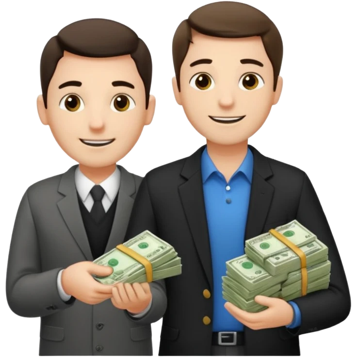 un chef d'entreprise en train de compter sa montagne de billet derrière lui une file de client qui entre dans son magasin pendant qu'à cote un autre chef d'entreprise poche vide pas de client  emoji