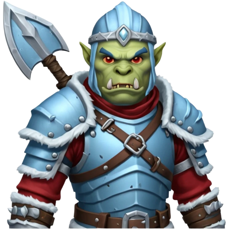 
Fantasy Christmas orc legion soldier icon, iron tundra army theme, heavy winter armor, disciplined brutal look, icy blue steel armor with deep crimson accents, frozen metal texture, cold winter atmosphere, male variant emoji