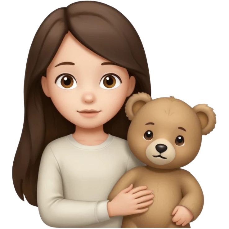 Brunette little girl, long hair, white long sleeve, with beige bear emoji