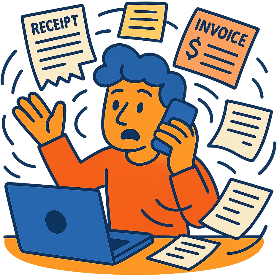 person holding a phone in one hand, laptop open in front, storm of receipts, invoices, and reminders swirling around, multitasking chaos emoji