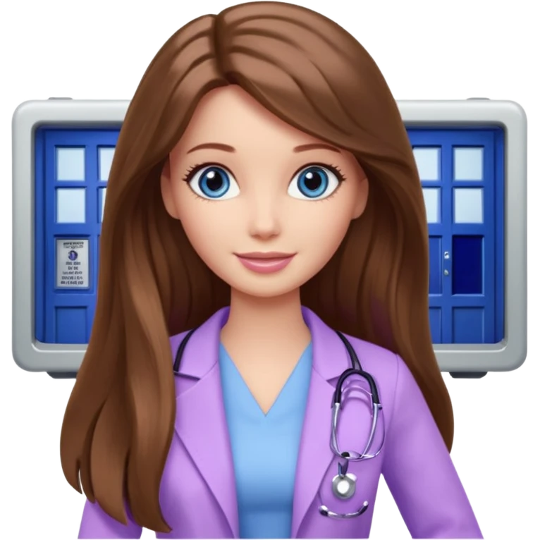 beautiful barbie girl with long brown hair, blue eyes and wearing light purple clothes watching dr who on tv emoji