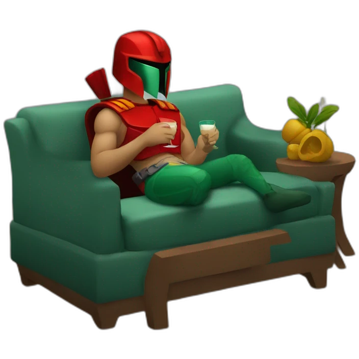 A red spartan drinking a relaxed coktail on a sofa emoji