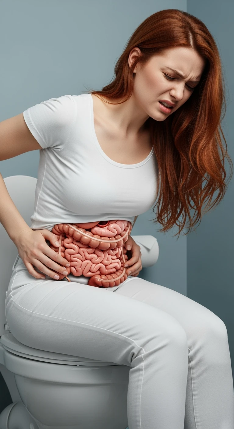DONNA CON MAL DI PANCIA SEDUTA SUL WC MENTRE SI SFORZA, INTESTINO UMANO ANATOMICO IN EVIDENZA, IPERREALISTICA 4K emoji