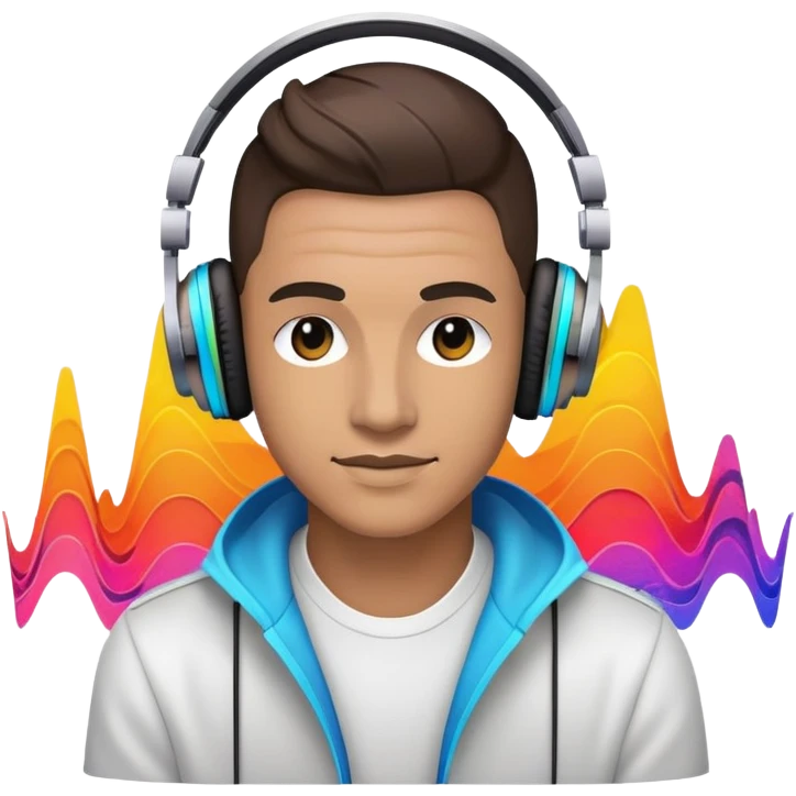 Electronic music DJ with headphones and colorful waveforms emoji