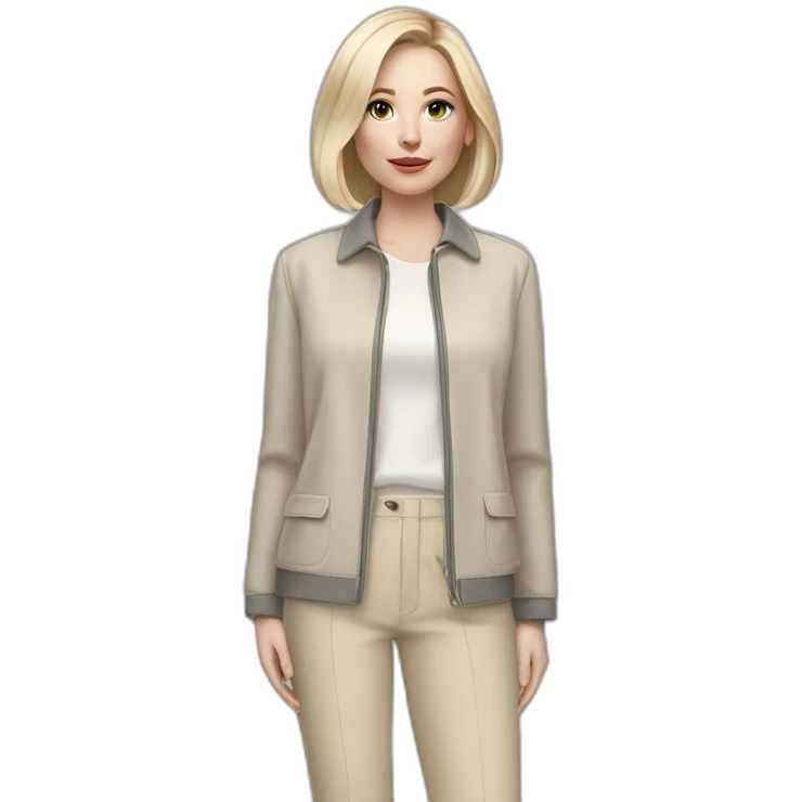 Full height pale skin woman with ash blonde Straightened bob Hair, White Spacious jacket, beige Arrow pants and gray blouse holding a color palette in the hands emoji