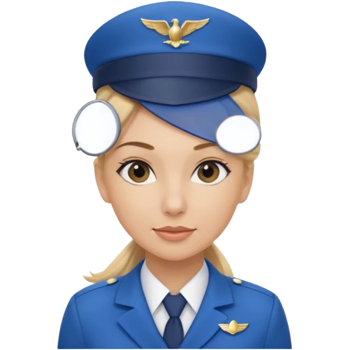 Create an emoji of a female flight attendant with blonde hair tied up, wearing a blue flight attendant hat and a blue flight attendant uniform. emoji