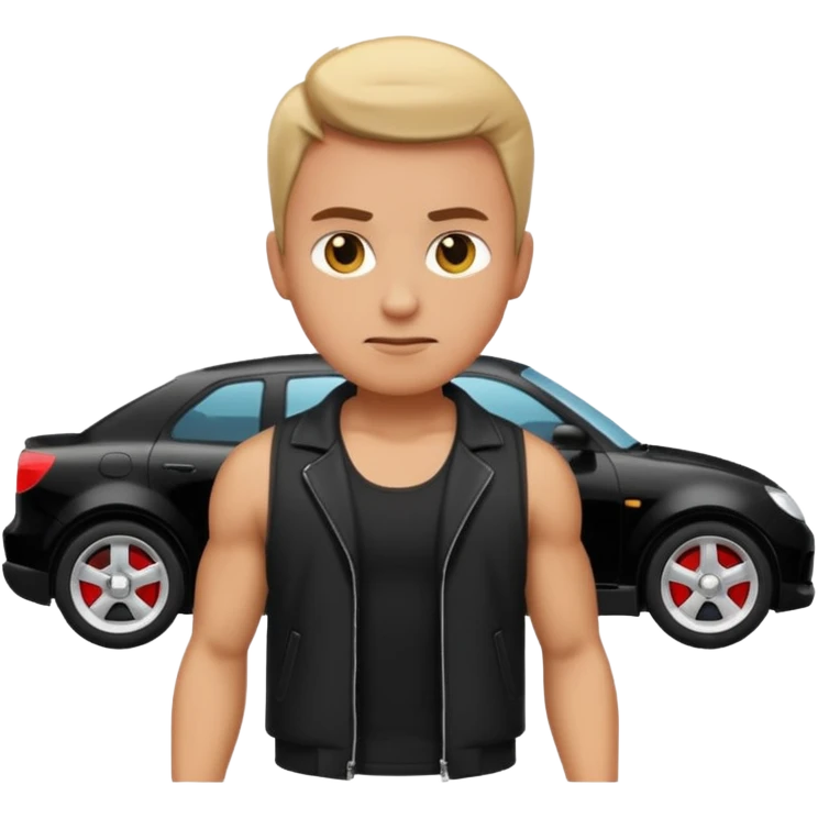 action hero emoji wearing a white tank top and black jacket with a black car behind emoji