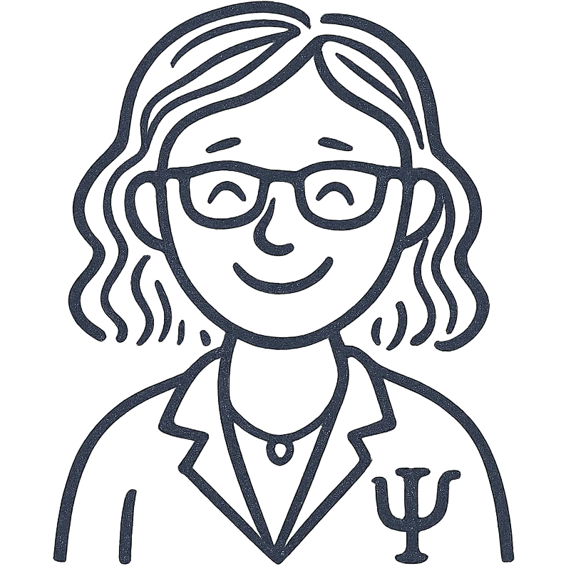 woman psychologist with red hair, smiling, hand-drawn black outline emoji