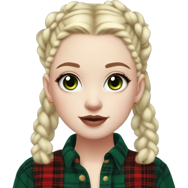  Pale skinned girl, blue eyes, dark green space buns hairstyle, wearing a red flannel, gold hoop earrings, thick wing eyeliner emoji