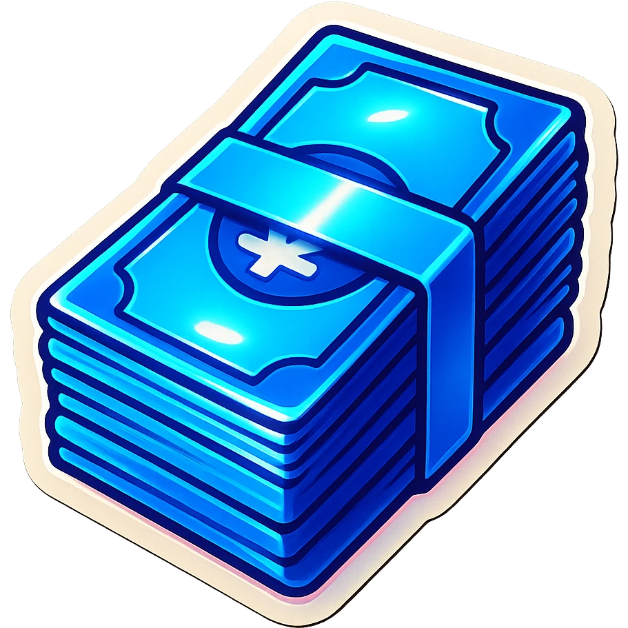 a massive bound stack of blue-and-white banknotes, koan bills , 90s futuristic emoji