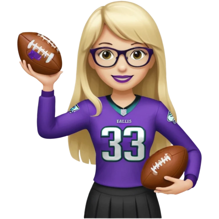 full length women wearing eagles uniform, long blonde hair, straight bangs, black glasses, holding football, number 33, smiling, purple lipstick emoji