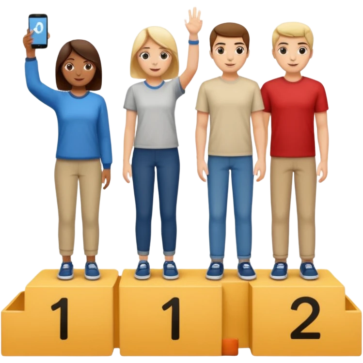 show people on podium in first, second and third place. The podium should be labeled 2, 1, 3. The middle position should only have the number 1.  the people should be dressed causally in regular relaxed clothes

 emoji