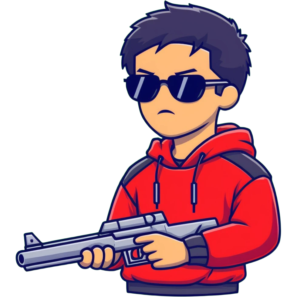 A guy in a red sweatshirt with sunglasses, with stylish black hair, holding a machine gun, and behind his back you can see the inscription: PRED emoji