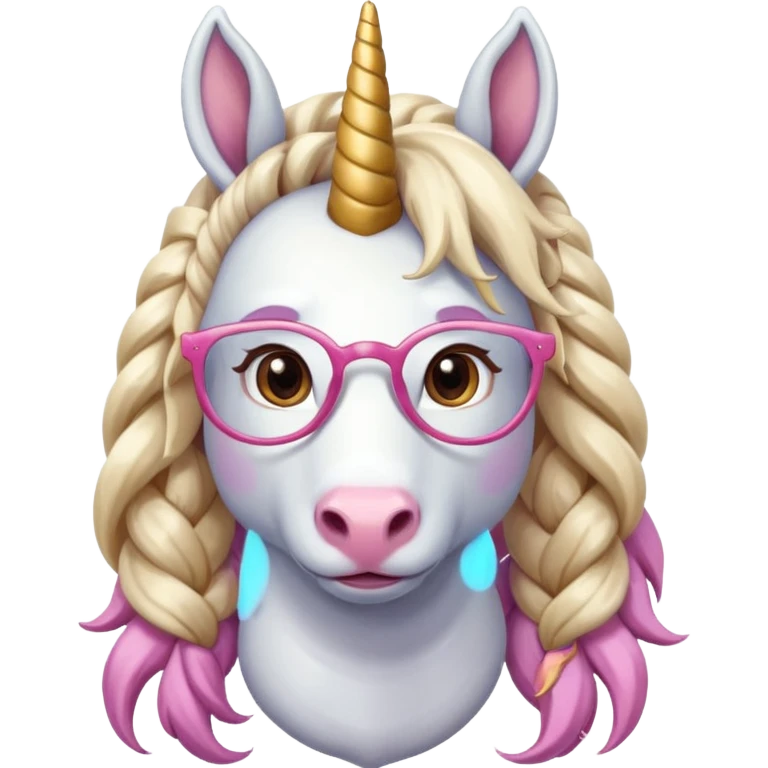 braided unicorn wiith big visible braids looking into the camera spectacled emoji