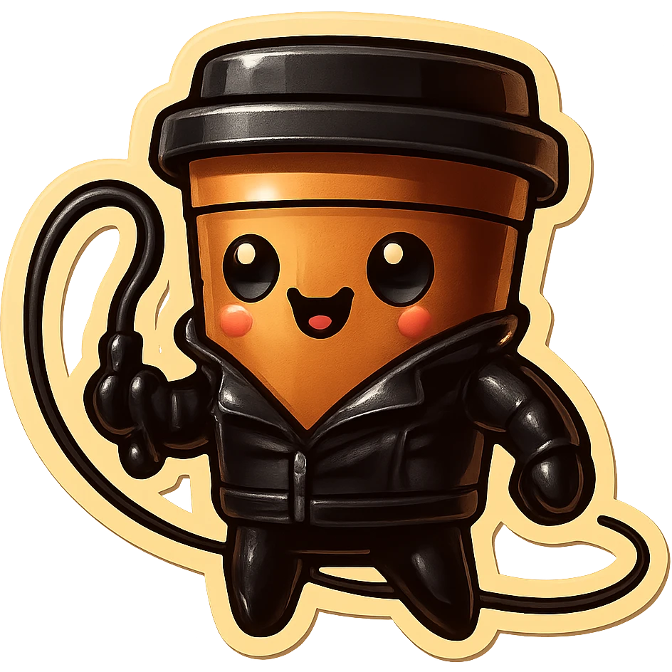 Tall coffee cup, dressed in leather holding a whip emoji