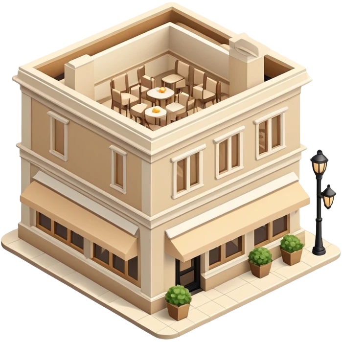 Upscale restaurant exterior, beige, isometric dollhouse-style, realistic emoji