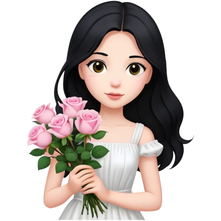 A beautiful girl with long black hair and a white dress is holding a bouquet of pink roses emoji