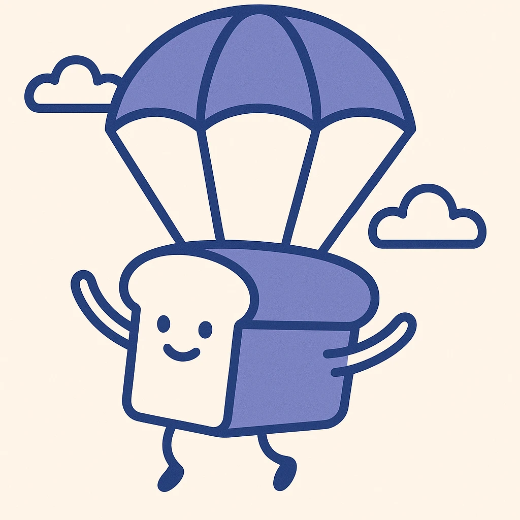 a fun and lighthearted loaf of bread parachuting down with sky background emoji