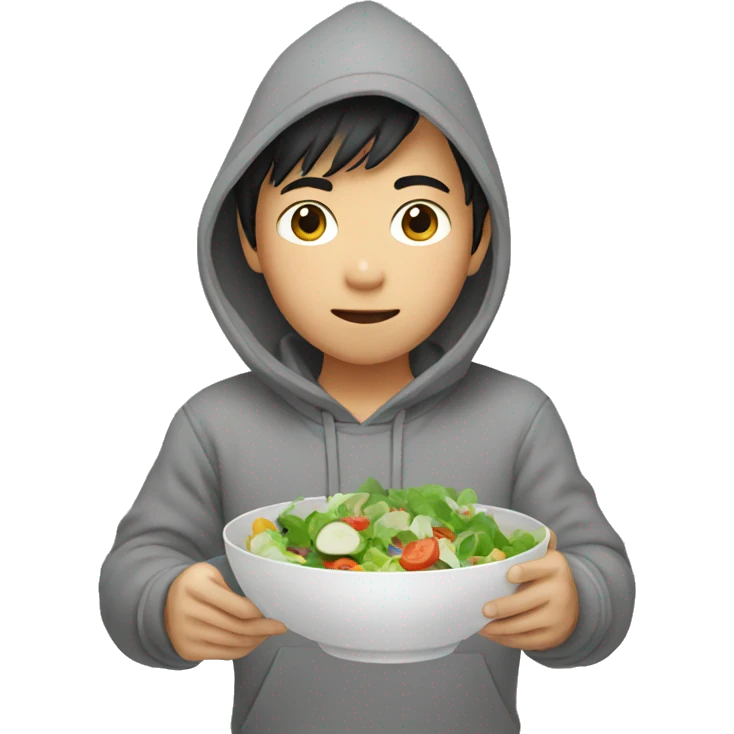 asian boy in grey hoodie eating salad  emoji