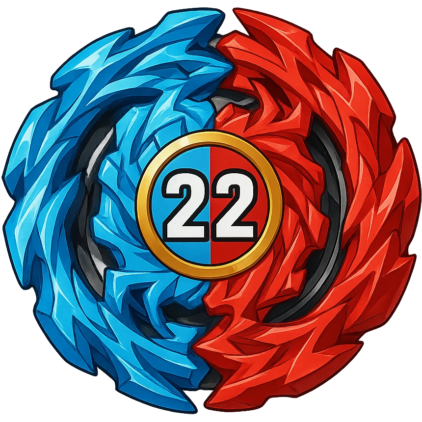 beyblade half sky blue and half red with the number 22, clean and bright digital art style emoji