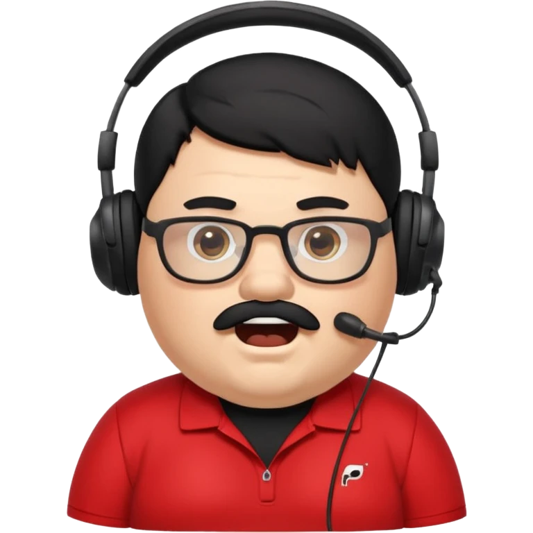 "A cartoon-style emote of a chubby streamer with black hair, mustache, and glasses, wearing a headset and a black Puma shirt. He has a shocked facial expression with wide eyes and an open mouth.

 emoji