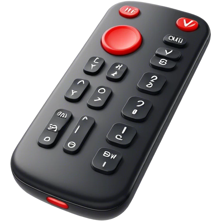 One black tv remote control with red border, frontal face in  2 dimensions. The remote control have to have 4 buttons in black and one big one in red and the play sign emoji