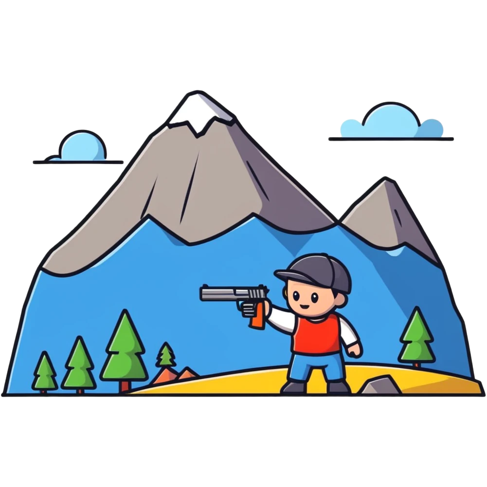 Cute tiny character with a toy gun shooting at a mountain with little figures emoji