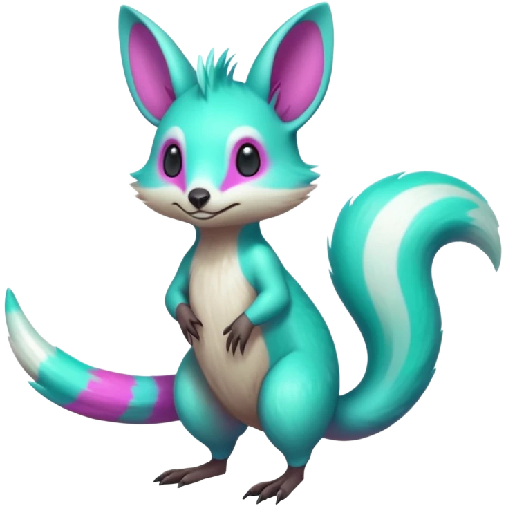 Iridescent Neon Green-Cyan-Magenta- Minccino-Emolga-Numbat-Sergal-fusion-hybrid-animal-creature, full body emoji