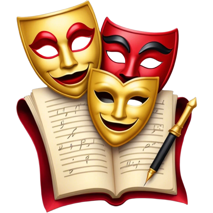 Create a bold and dramatic emoji representing the art of playwriting. The design should feature an open script or a theater playbook, with stylized text lines or dramatic dialogue inside. Include elements like a theatrical comedy and tragedy masks, a stage spotlight, or a writting quill to symbolize creativity and performance. Use deep, contrasting colors like red, black, and gold to evoke the intensity and passion of drama. The overall design should feel dramatic, inspiring, and artistic. Make the background transparent. emoji