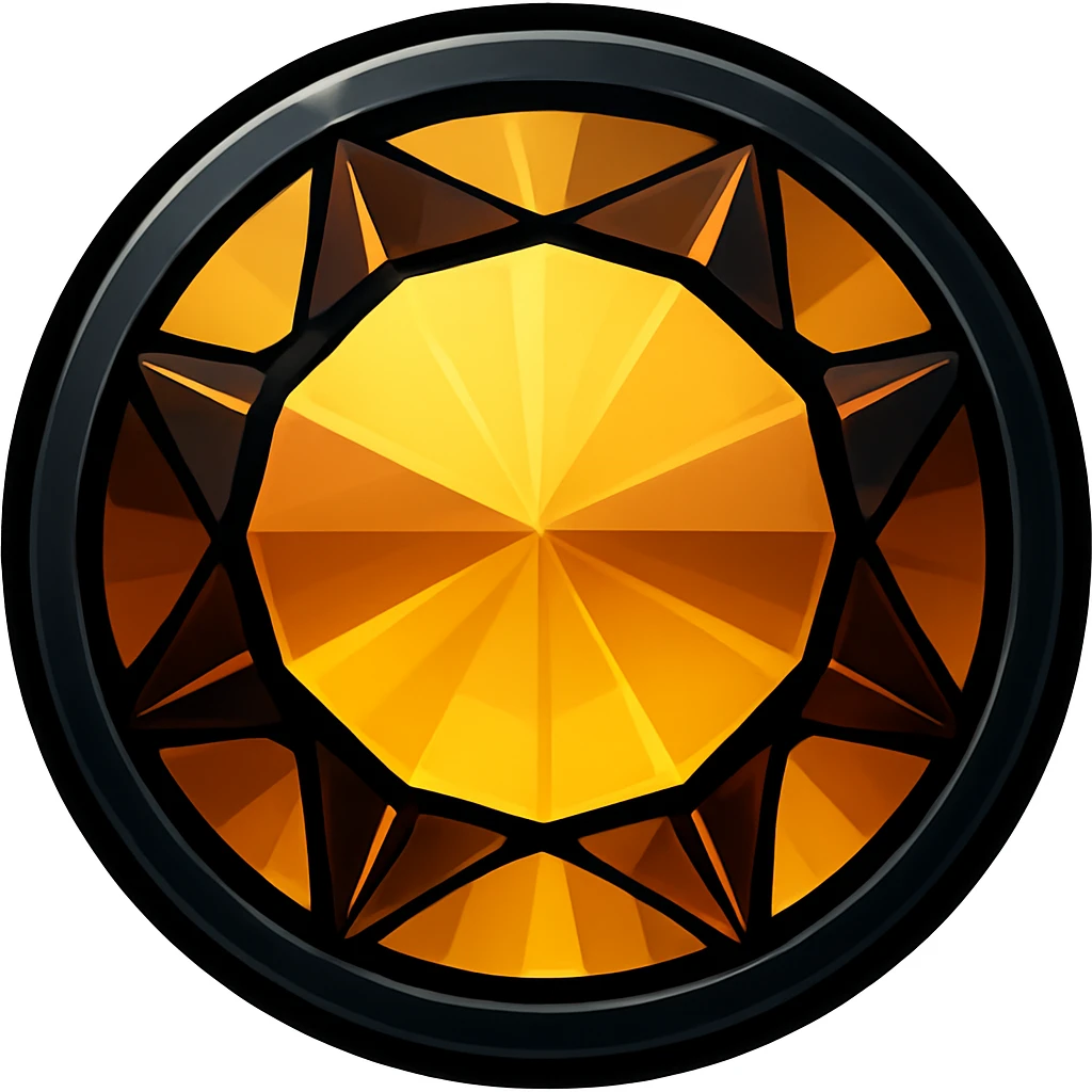 Emphasize and enhance the black metal accent, making it bolder and more prominent around the amber round cut holographic gem, keep the emoji style emoji
