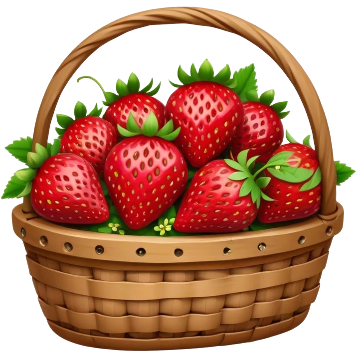 Cinematic ripe strawberrie, deep red, glossy with tiny seeds, green leaves still attached, gathered in a rustic basket, warm glowing background, fresh and sweet. emoji
