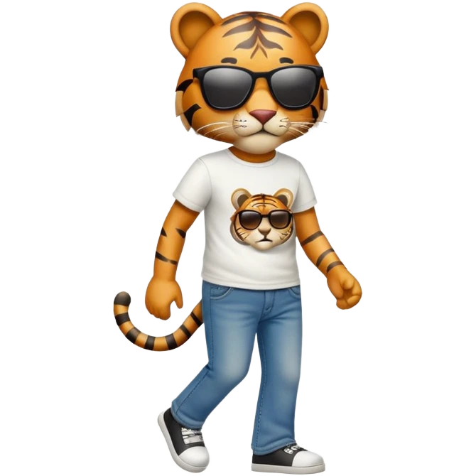 anthropomorphised tiger in a band t-shirt and jeans wearing sunglasses walking upright emoji