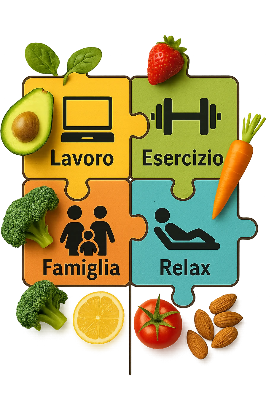 Puzzle (Lavoro, Esercizio, Famiglia, Relax), in lavoro metti icona di un PC, in Esercizio un Manubrio, in Famiglia una famiglia, in Relax qualcuno che riposa and healthy foods are integrated into each piece. in italiano emoji
