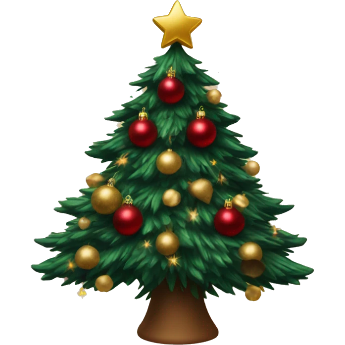 Super twinkly full christmas tree with dark red and gold decorations and gold tinsel emoji
