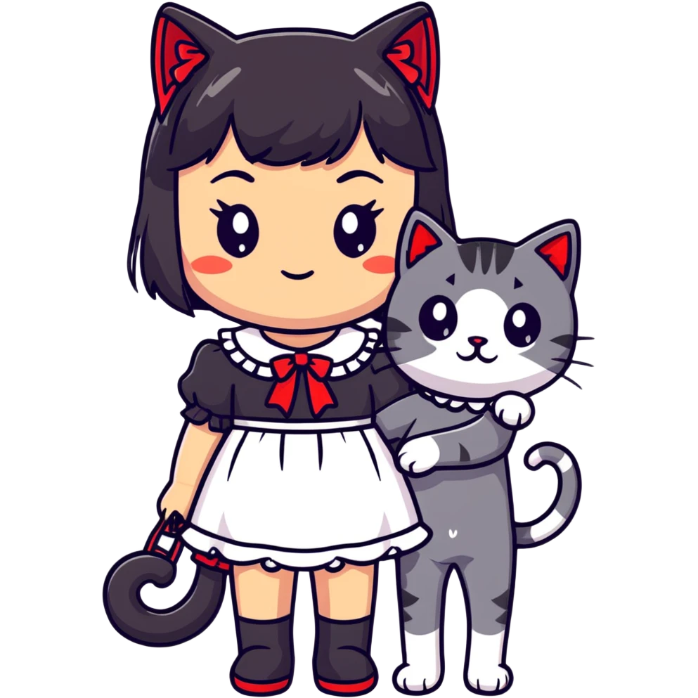 girl with black Lolita dress and black hair with red tips next to an American Shorthair tabby cat emoji