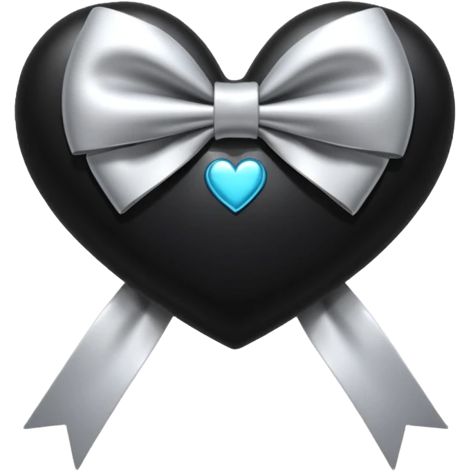 glossy stitched black heart with a silver bow and heart pattern on the bow emoji