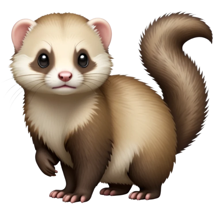 cinematic-[ferret]-realistic-full- long slender body-standing-emoji,-tiny-paws-tucked-close,-head-tilted-dramatically,-fluffy-[sable]-fur,-simplified-yet-realistic-focused-features,-highly-detailed,-glowing-with-an-almost-sarcastic-glow emoji