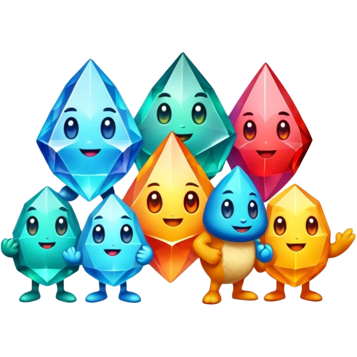 group of gem mascots, each with unique color and personality, standing together as a team emoji